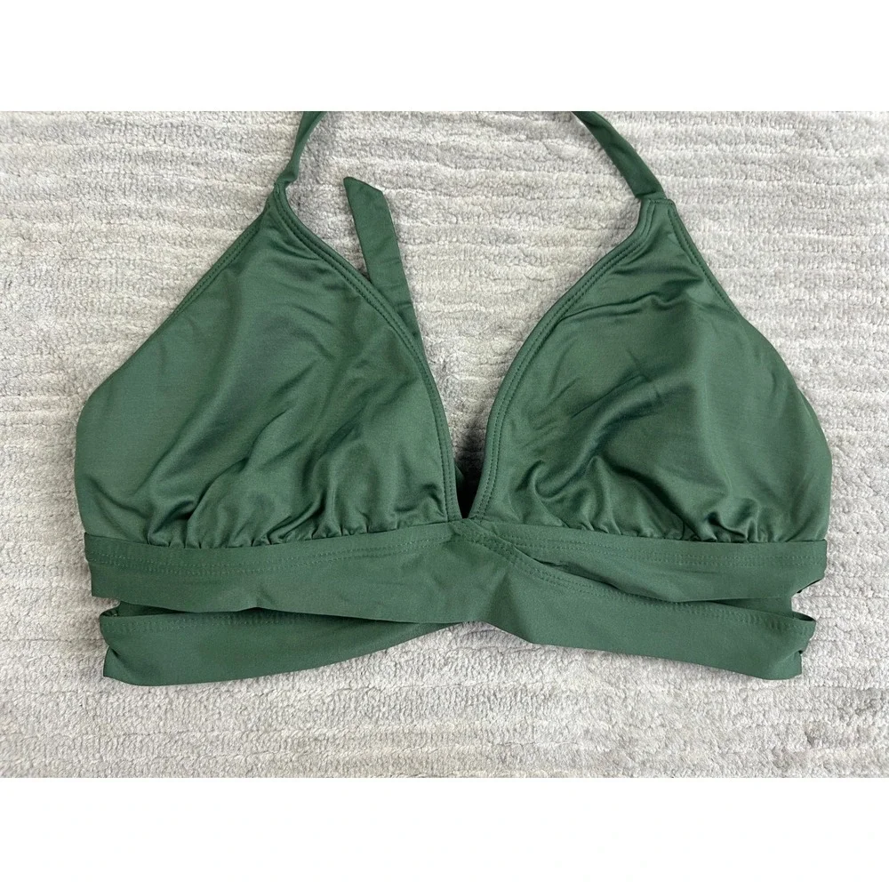 Kona Sol Bikini Top Womens L Olive‎ Green Halter Wrap Front Solid Swimwear